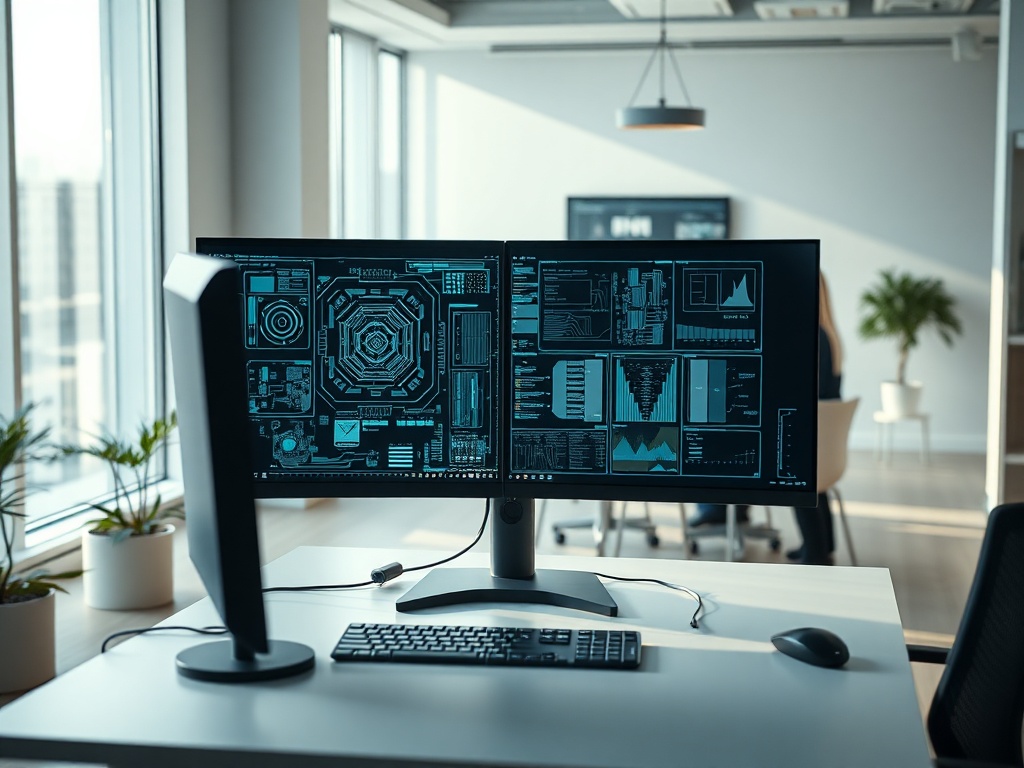 Cinematic wide shot of a minimalist scandinavian tech workspace with natural light streaming through floor-to-ceiling windows. A sleek, modern desktop with dual monitors displaying intricate circuit diagrams and diagnostic software. In the background, an out-of-focus diverse IT team collaborates around a glass meeting table. Photorealistic, 8k, commercial photography style, warm ambient lighting.