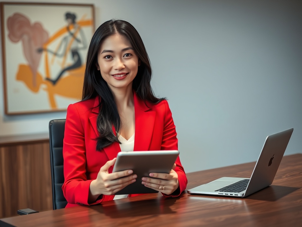 Female executive portrait of an Asian woman with long black hair and a red blazer, seated at a modern wood desk. She holds a tablet and looks directly at the camera with a slight smile. Behind her, abstract art on the wall and a laptop. Soft studio lighting. Photorealistic, 8k, commercial photography.