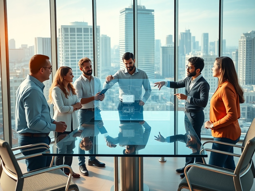 Diverse team of five IT professionals gathered around a standing-height table in a modern glass boardroom with cityscape backdrop. They are engaged in a discussion, pointing at a transparent holographic screen showing hardware schematics. Natural light from large windows, warm and inclusive atmosphere. Photorealistic, 8k, commercial photography.
