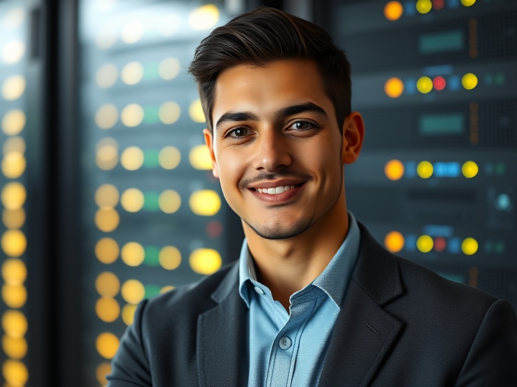 Male portrait of a young IT consultant with an olive complexion, wearing a smart casual blazer. He stands in front of a blurred server rack with glowing lights. Direct gaze, confident smile, soft key light from the left. Photorealistic, 8k, commercial headshot.