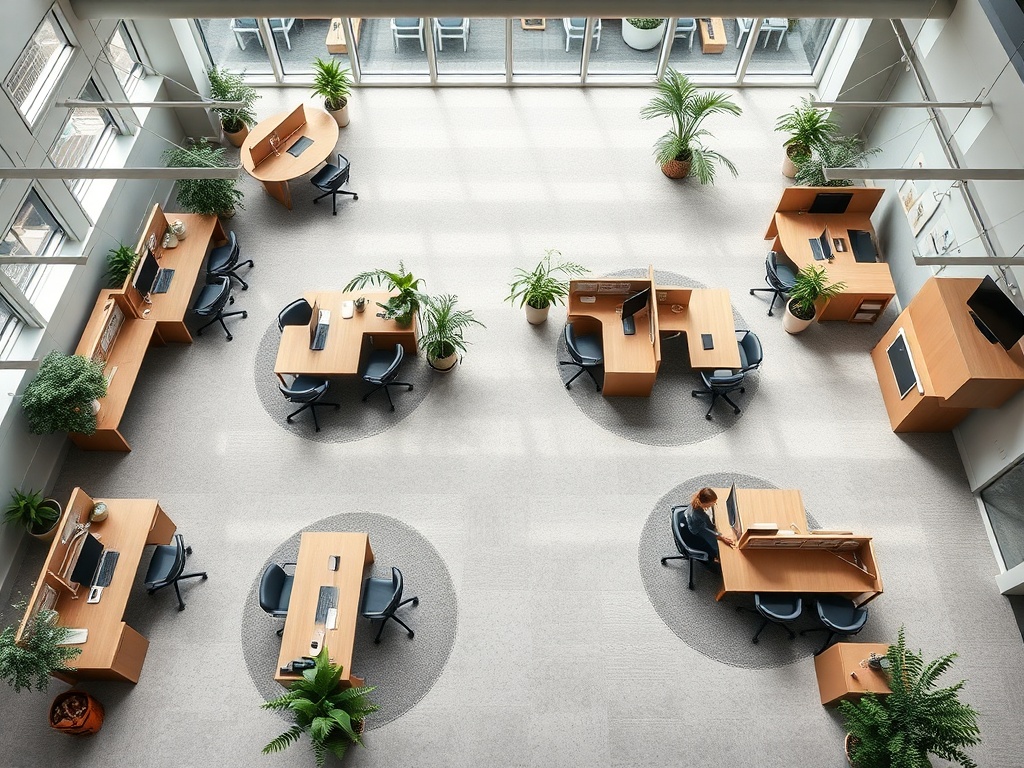 Aerial view of an open-concept workspace with modular furniture, green plants, and soft geometric rugs. The composition forms abstract patterns from desks and partitions. Natural light from above, calm and sophisticated. Photorealistic, 8k, commercial photography.