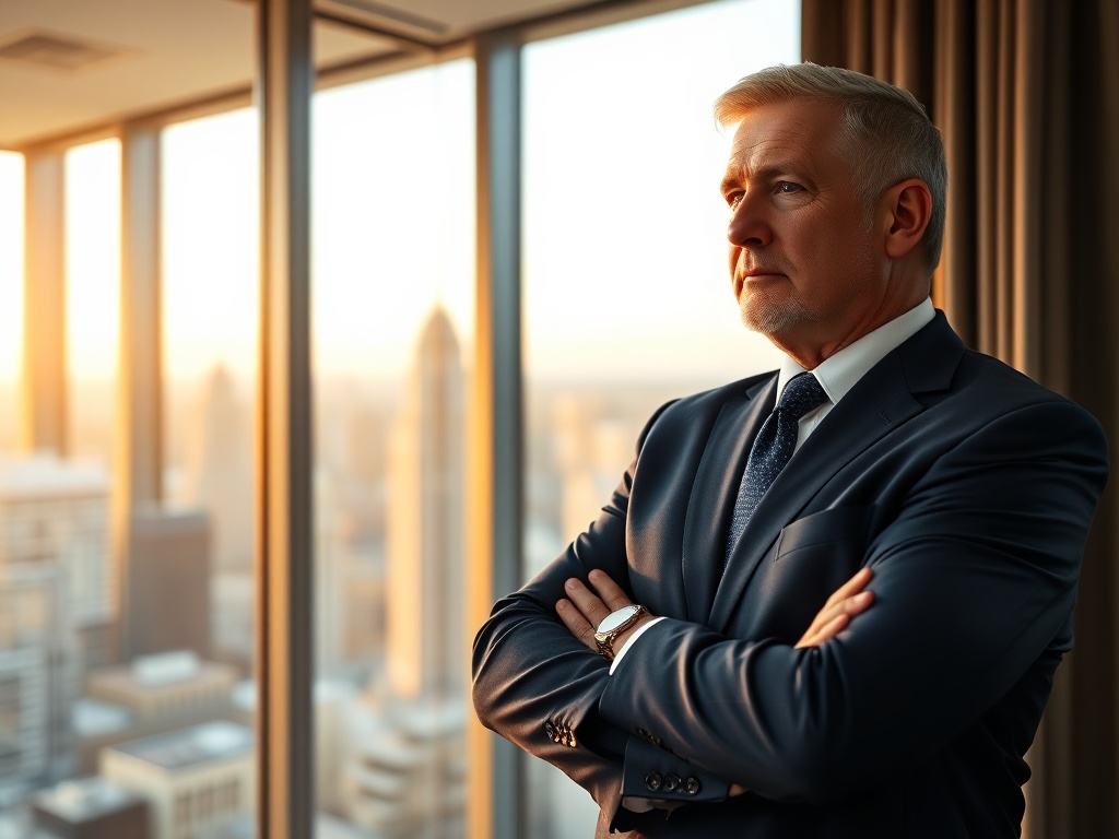 Male executive portrait of a middle-aged Caucasian man in a tailored navy suit, standing in a corner office with floor-to-ceiling windows overlooking a city. He has a thoughtful expression, with arms crossed. Golden hour light, professional and authoritative. Photorealistic, 8k, commercial photography.