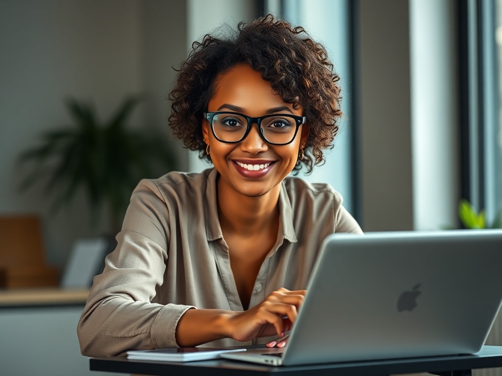 Female portrait of a network engineer with medium brown skin, short curly hair, and glasses. She is leaning slightly forward, hands resting on a standing desk with a laptop and a tablet. Ambient light from a window, warm and approachable expression. Photorealistic, 8k, commercial headshot.